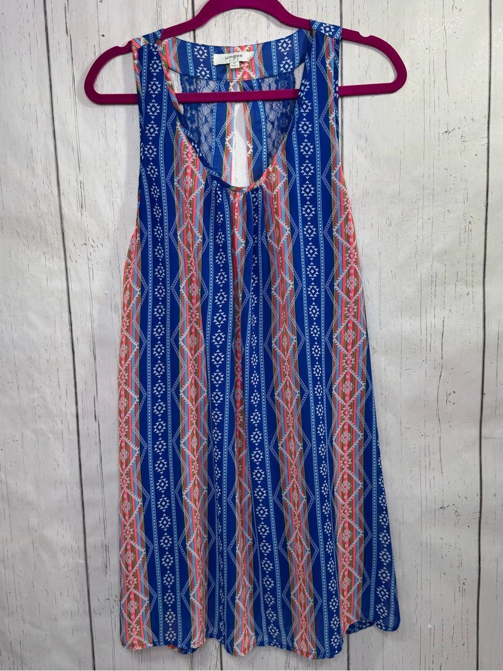 Umgee Blue Aztec Print Sleeveless Dress Lace Back Cutout Boho Festival Beachy  M
